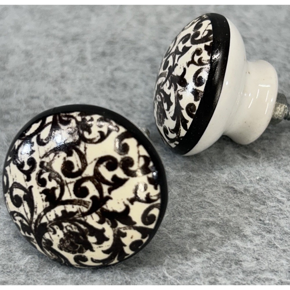 Vtg Porcelain Drawer Pulls floral damask, scroll Cabinet Knobs Lot 6 vine